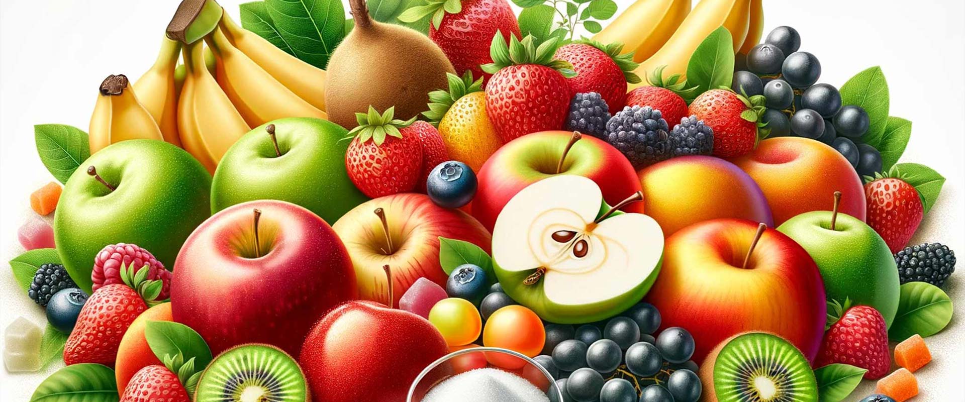 Verschiedene Obstsorten wie Äpfel, Bananen und Beeren liegen zusammen auf weißem Hintergrund.