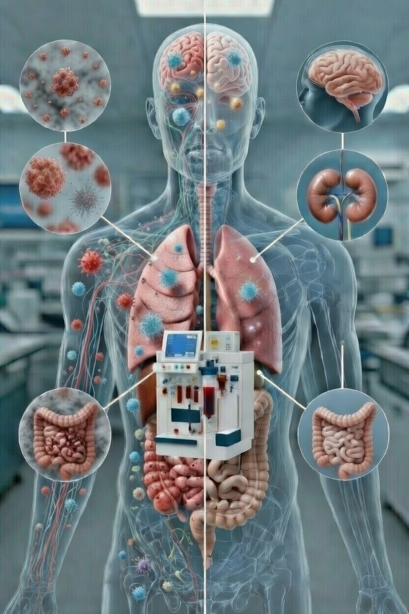 Darstellung eines menschlichen Körpers mit Organen und medizinischer Behandlung zur Entfernung von Mikroplastik.