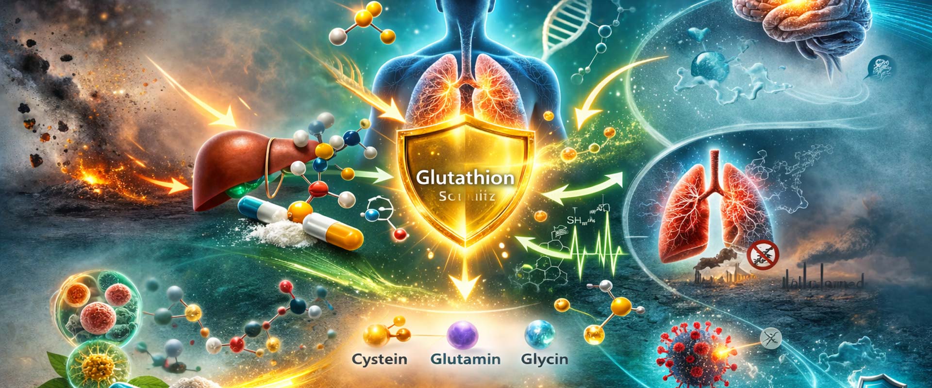 Schutzschild symbolisiert Zellschutz durch Glutathion für Organe wie Leber und Lunge.