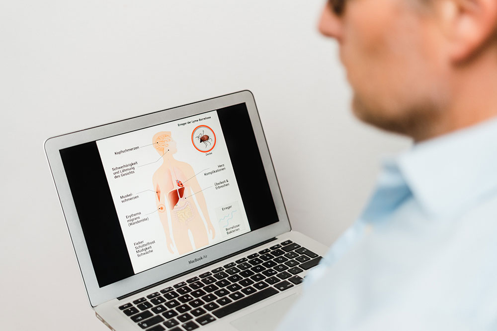 Arzt analysiert medizinische Diagnosedaten am Laptop für ganzheitliches Bluttuning