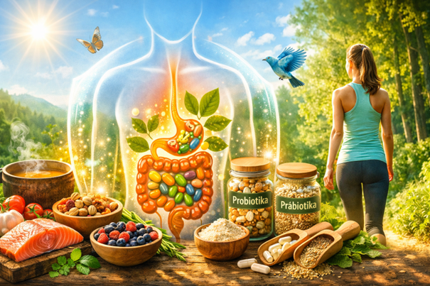 Darstellung von Körperorganen, Ernährung und Darmgesundheit.