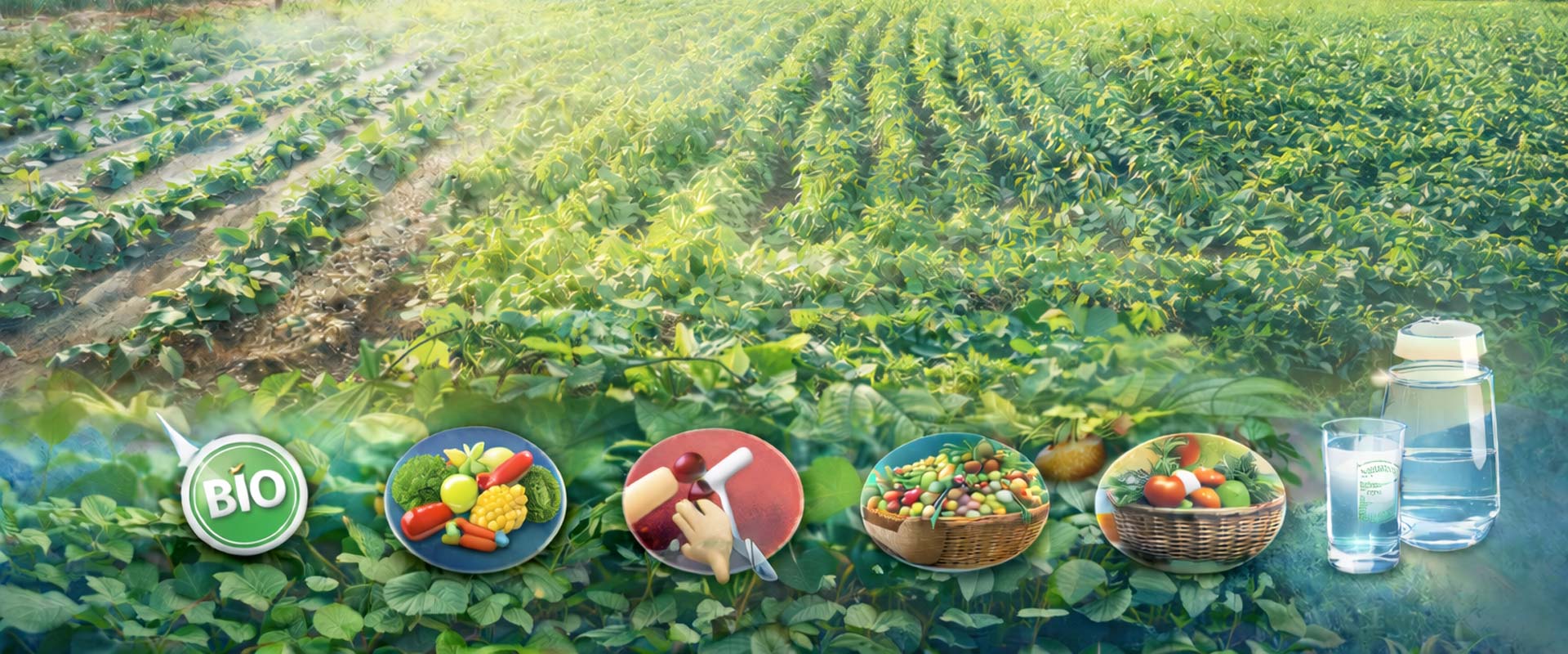 Biologische Lebensmittel und Wasser vor einem landwirtschaftlichen Feld.